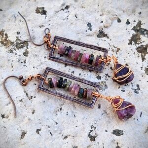 Pink Tourmaline The Stone Of Rainbow & Antique Copper In Primitive  Earrings